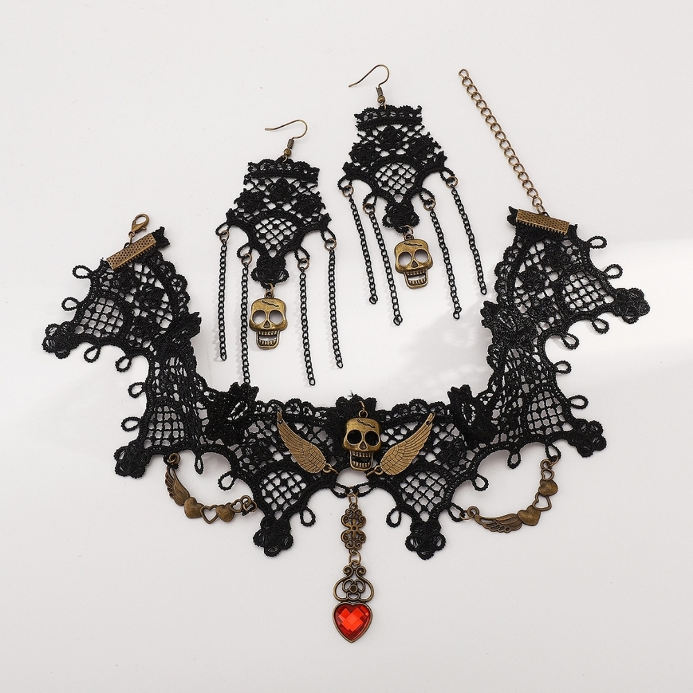 Matching Set Victorian Gothic Lace Choker Skull Wings Necklace Earring Jewelry